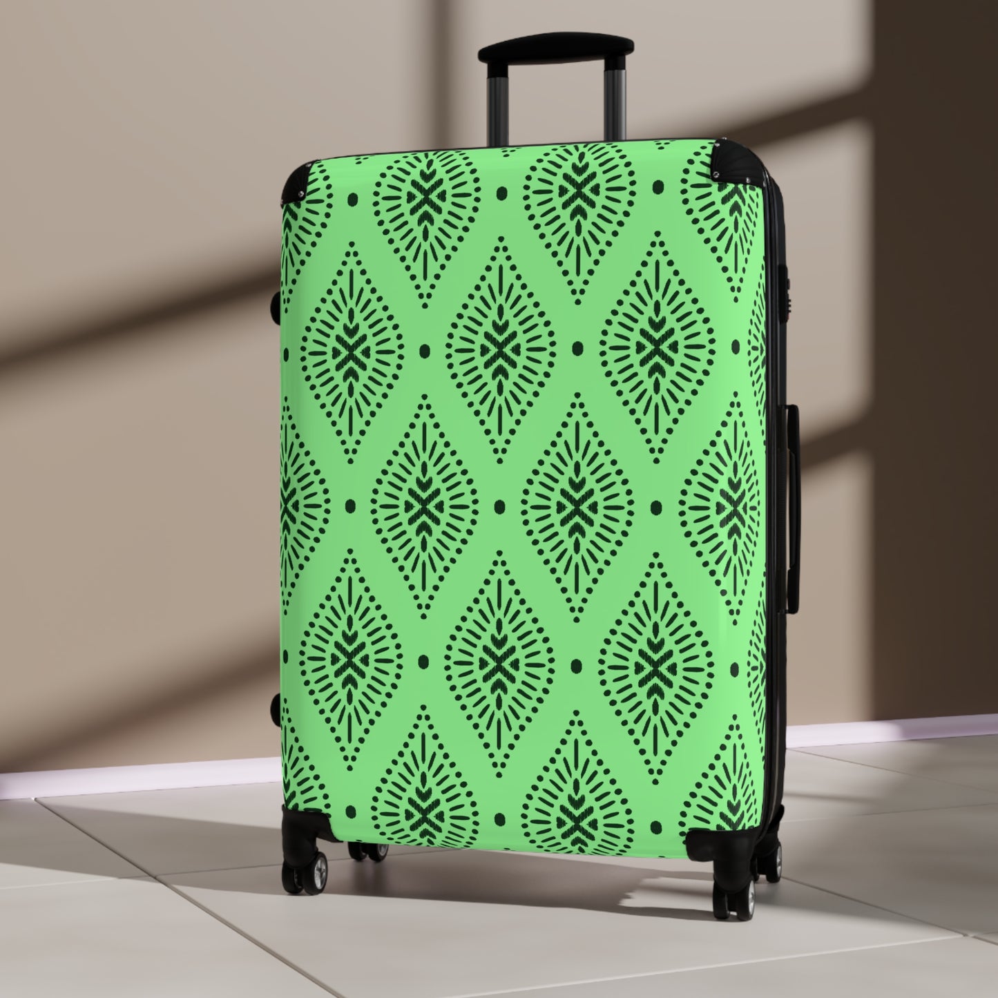 Lime Green and Black Moroccan Tile Pattern Suitcase | Boho Luggage Travel Accessory