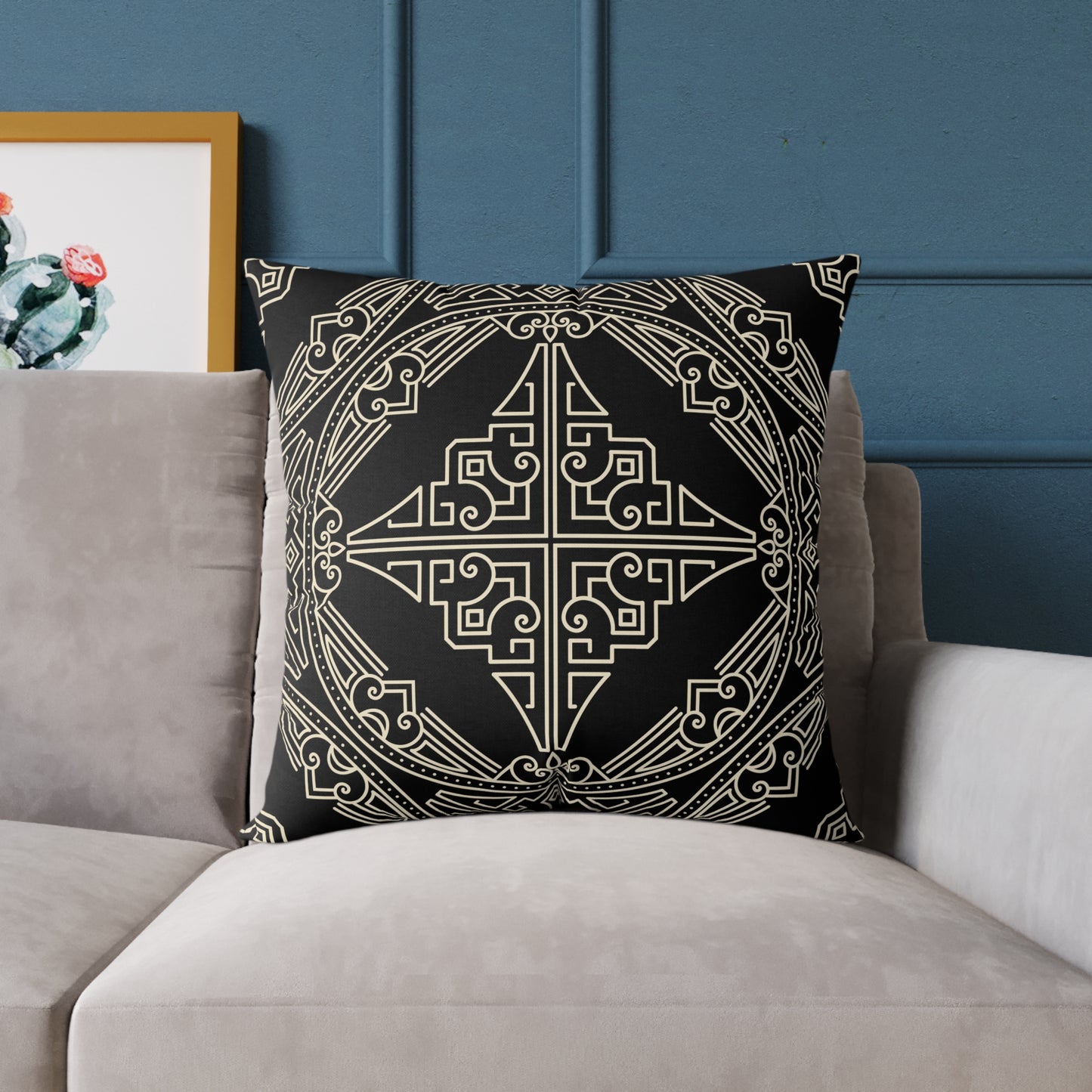 Black and Off-White Geometric Celtic Knot Square Pillow | Poly Canvas Throw Pillow