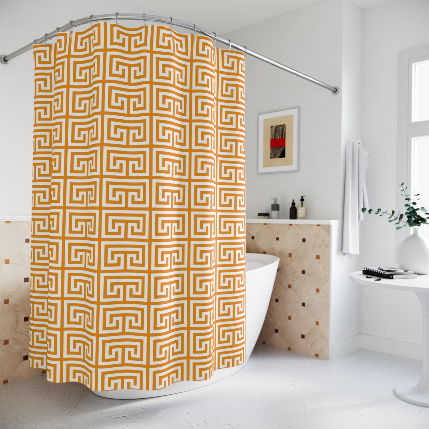Greek Key Geometric Pattern Shower Curtain | Orange White Maze Tile