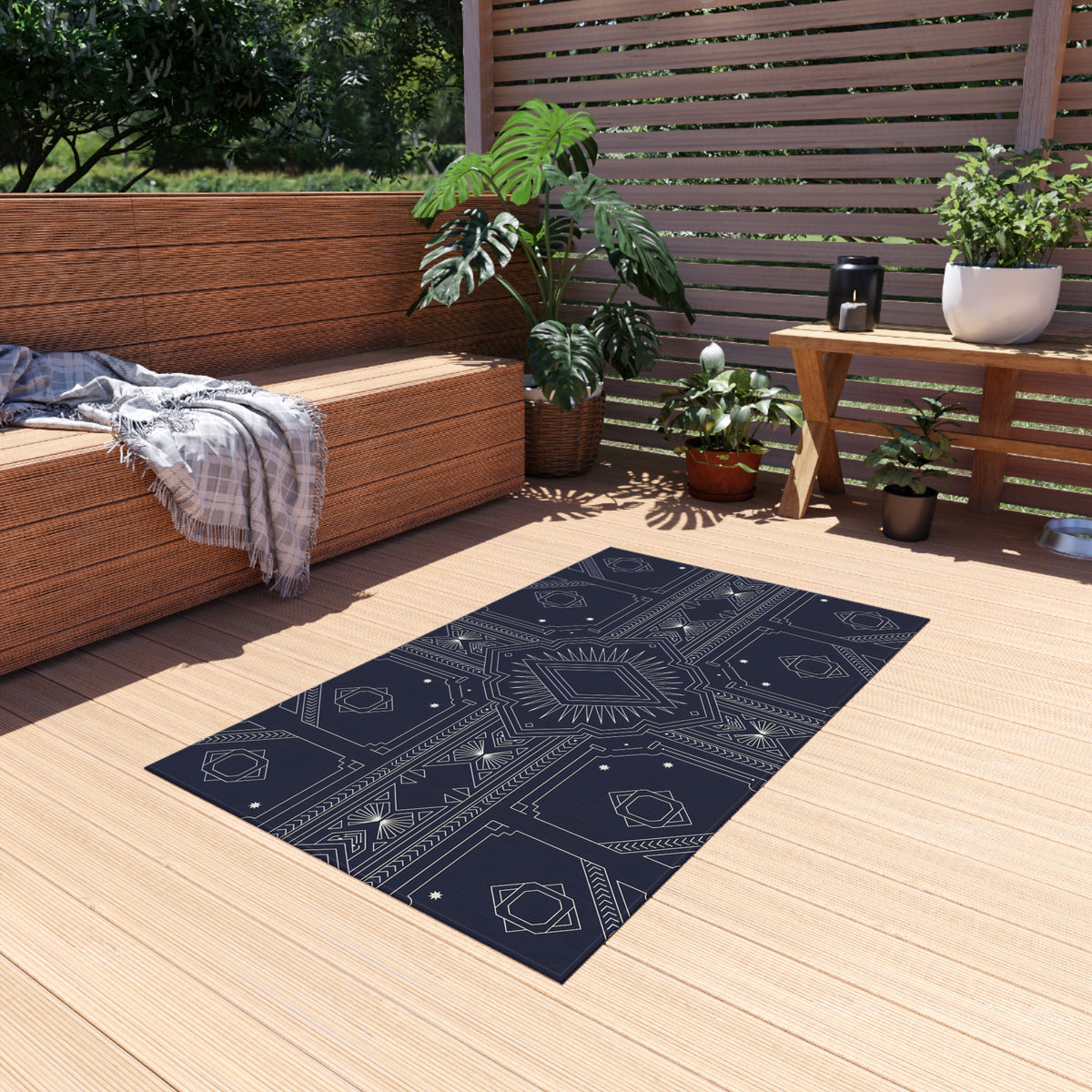 Geometric Aztec Pattern Outdoor Rug | Navy Diamond Porch Mat