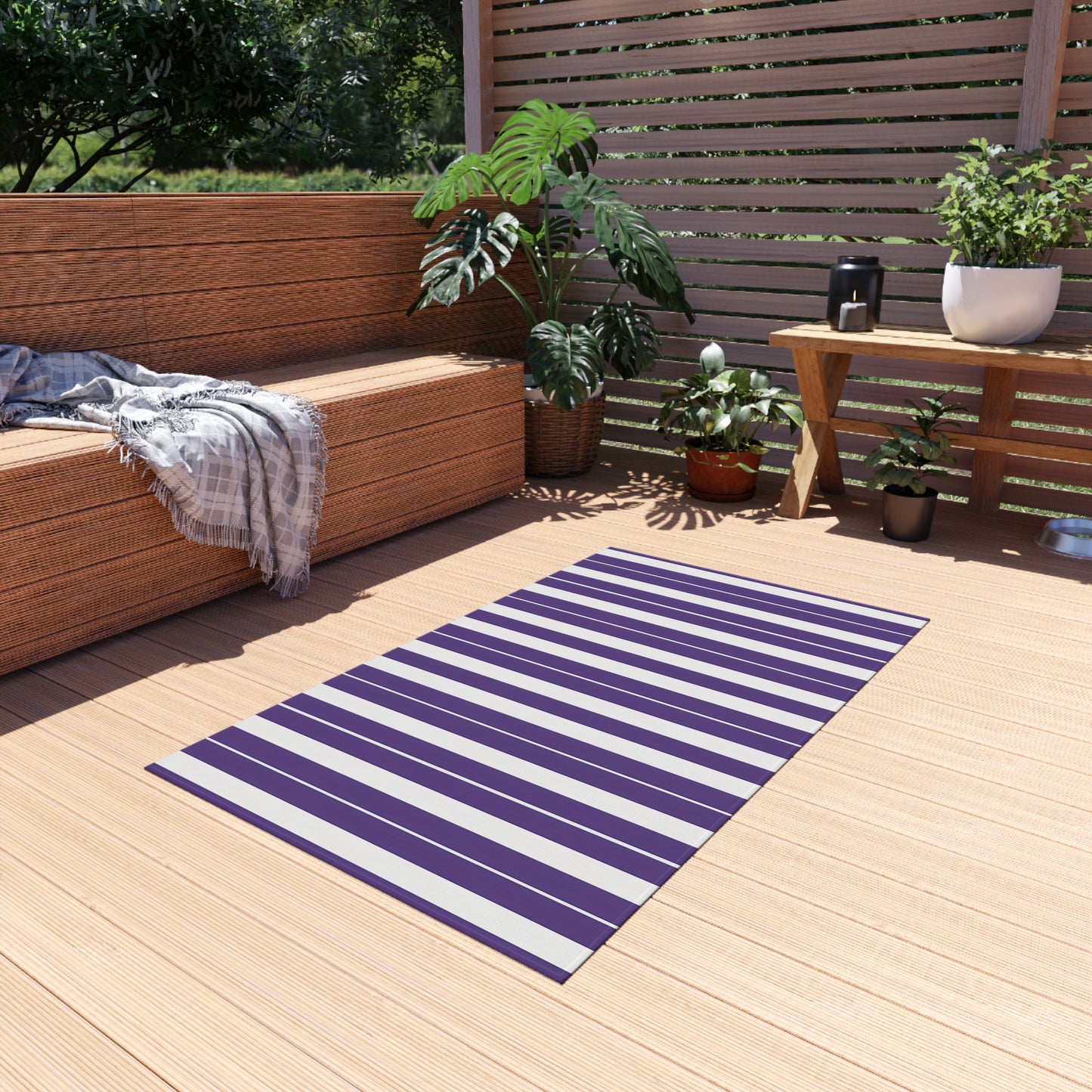 Purple White Stripe Outdoor/Indoor Rug | Patio Mat, Weather-Resistant Striped Doormat