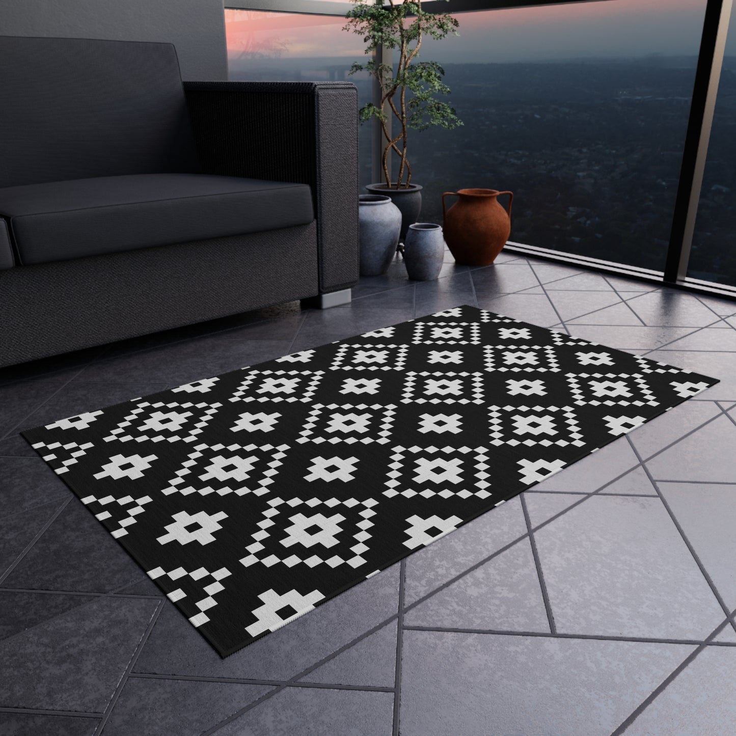 Black White Aztec Diamond Outdoor/Indoor Rug | Geometric Patio Mat