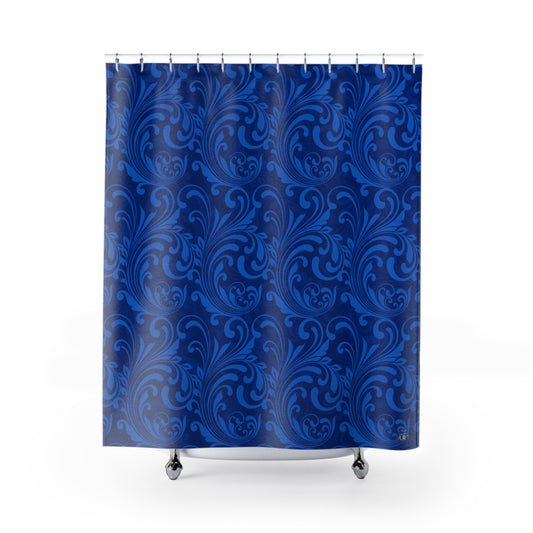 Blue Swirl Damask Shower Curtain | Floral Scroll Pattern, Baroque Bathroom Decor