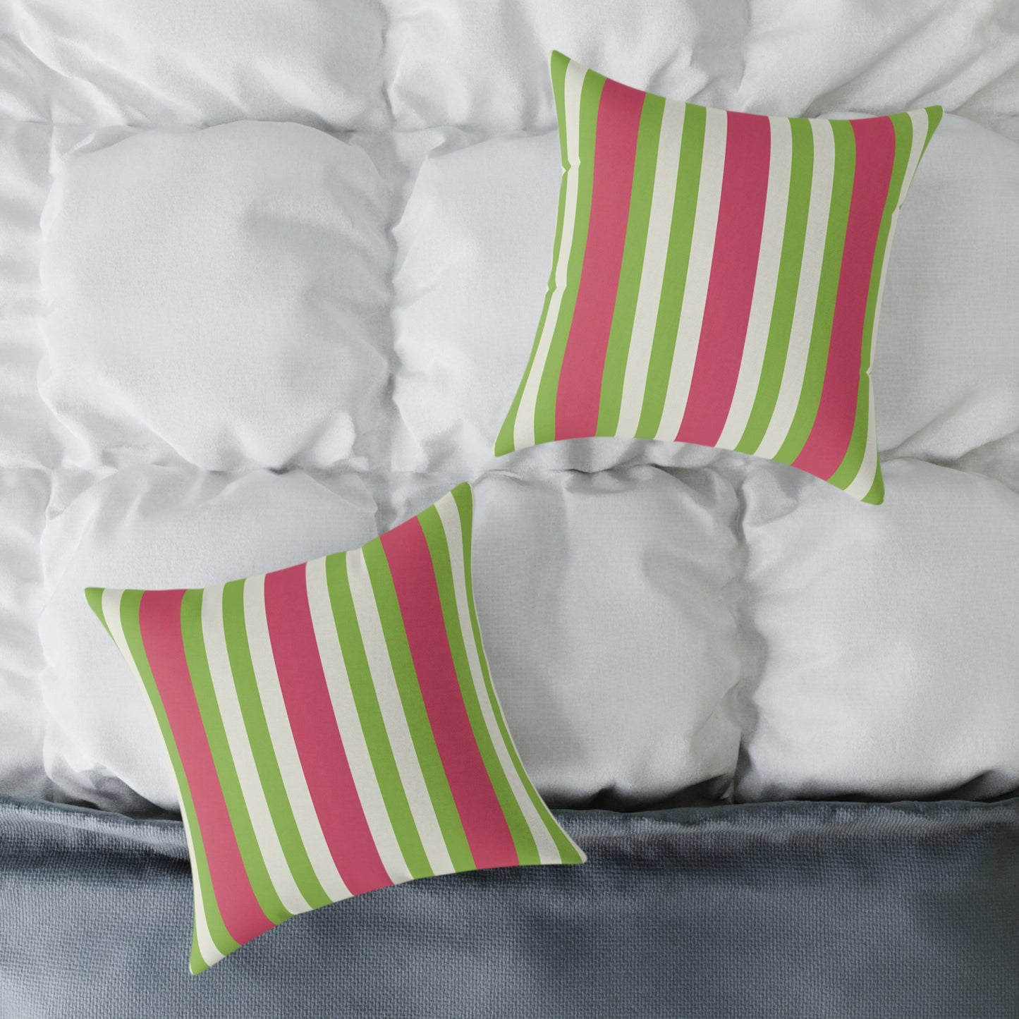 Watermelon Pink Green Vertical Stripe Pillow | Square Poly Canvas Pillow