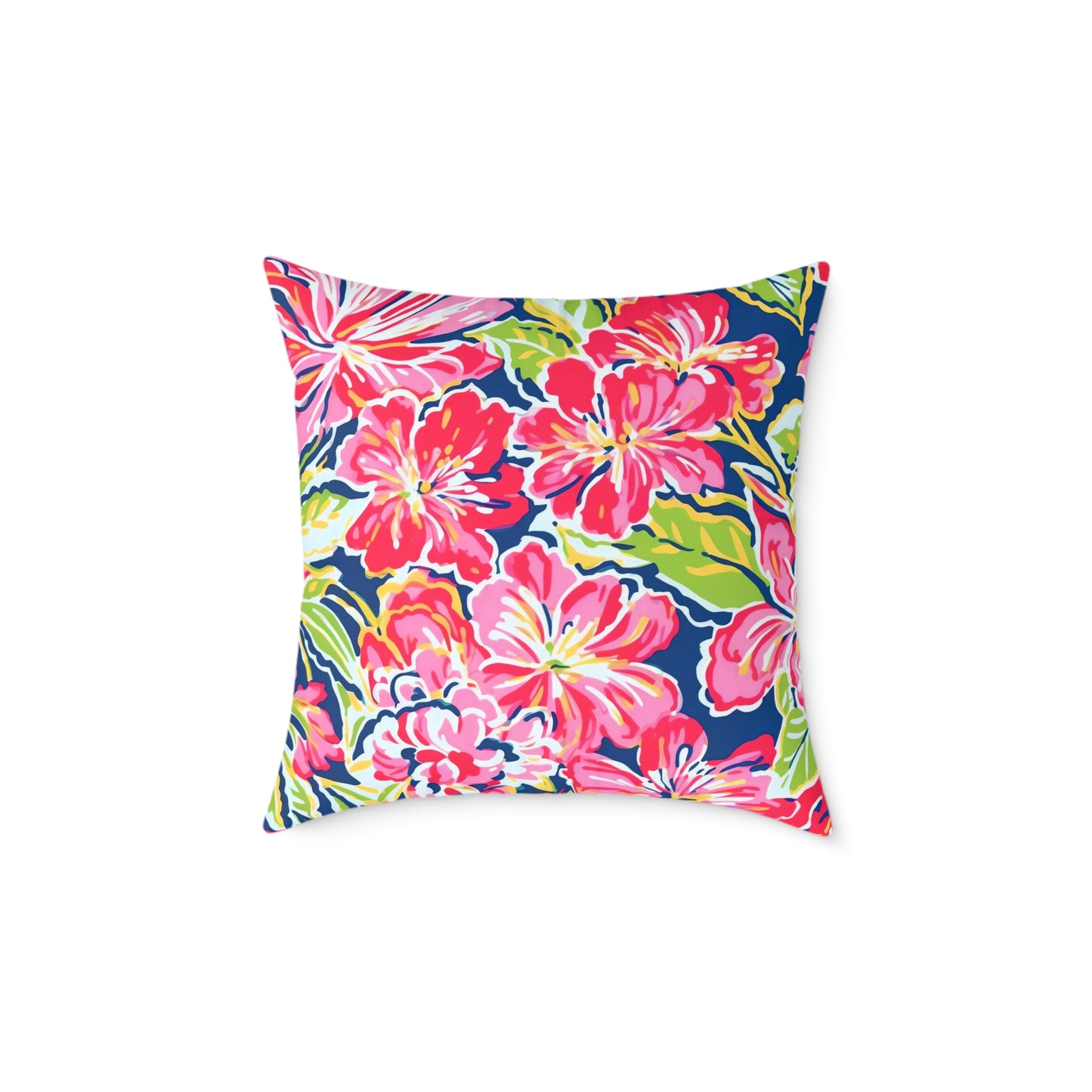 Pink Red Green Blue Tropical Hibiscus Floral Pillow | Square Poly Canvas Pillow