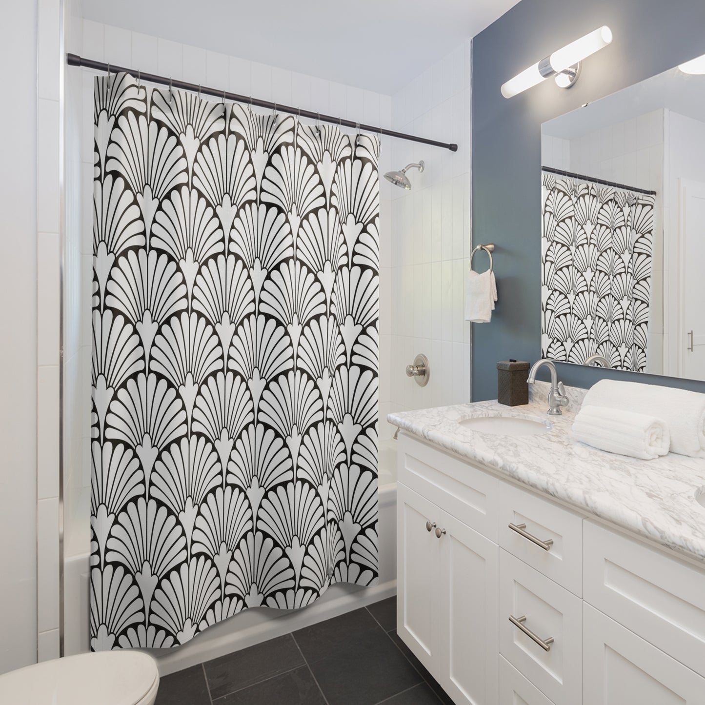 Art Deco Fan Pattern Shower Curtain | Black White Geometric