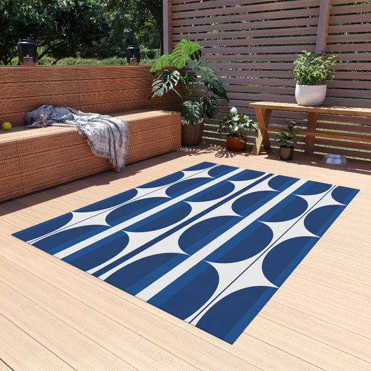 Blue White Geometric Retro Circles Outdoor Rug | Navy Patterned Mat