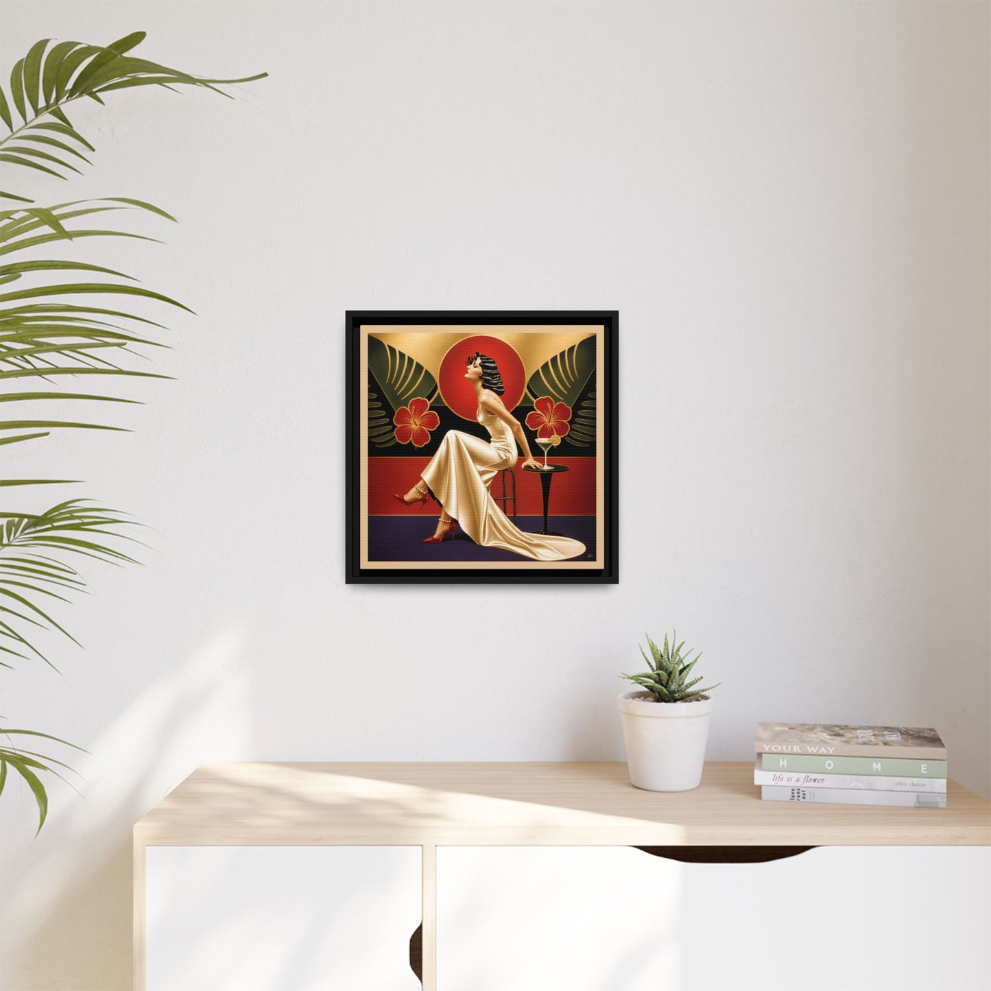 Art Deco Lady Red Green Beige Tropical Canvas Framed Wall Art | Matte Print