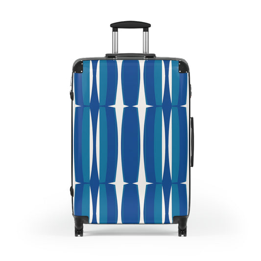 Blue Mid-Century Geometric Suitcase | Retro Stripe Luggage