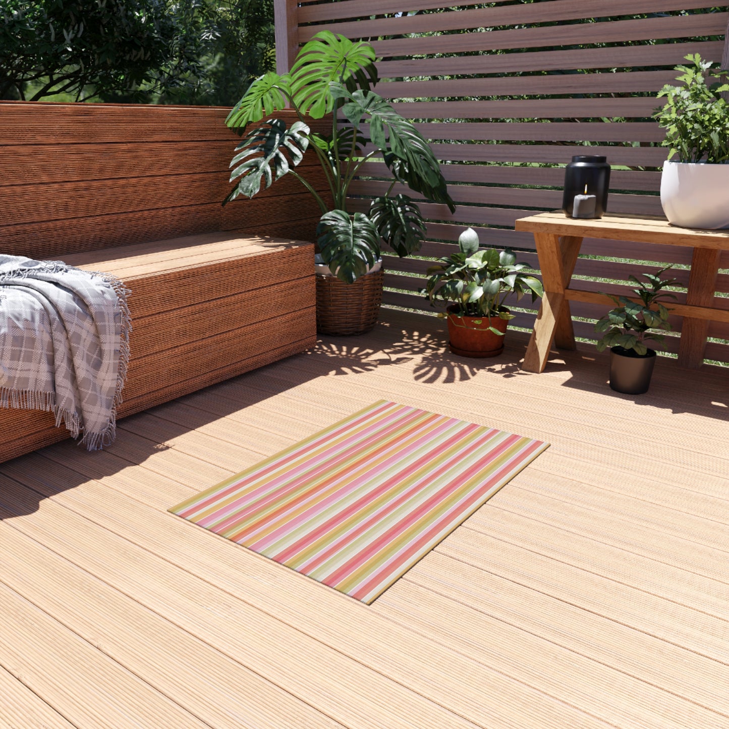 Striped Pastel Outdoor Rug | Pink Yellow Green Patio Mat