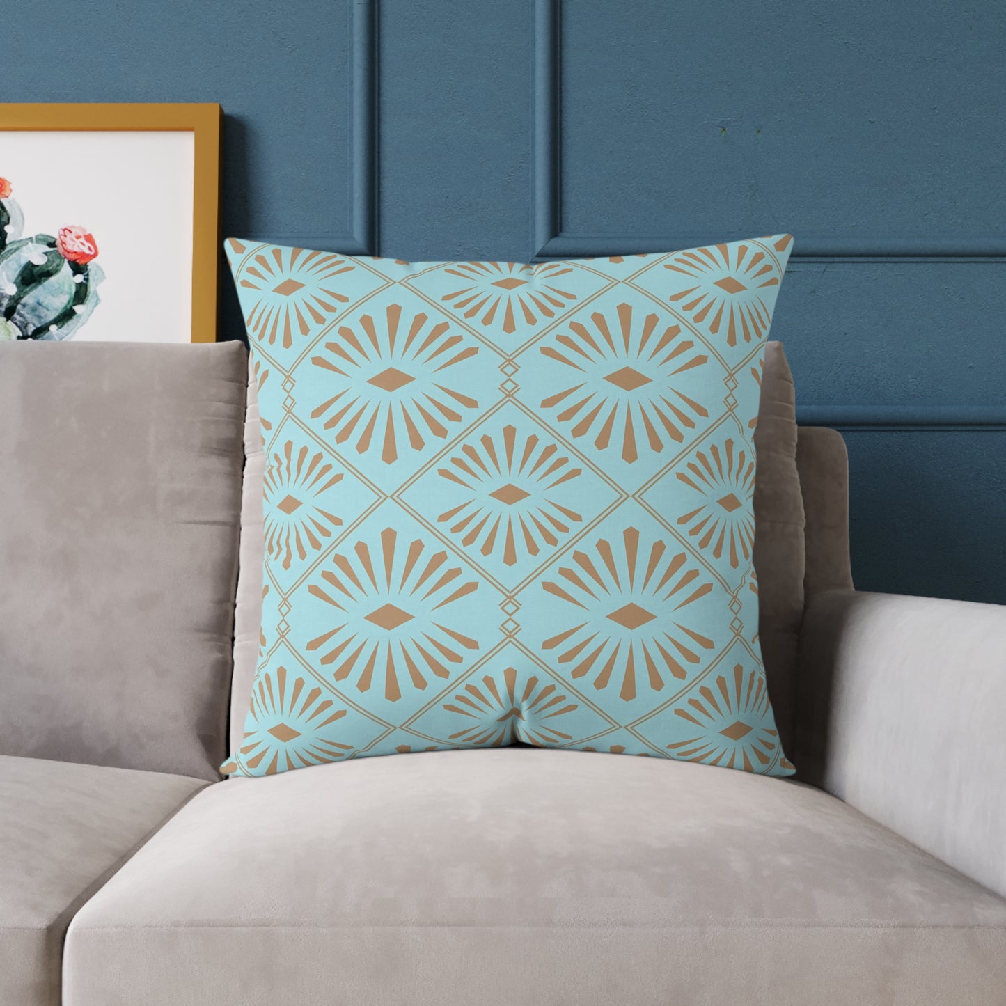Dark Gold Geometric Fan Pattern Square Poly Canvas Pillow | Turquoise Throw Pillow