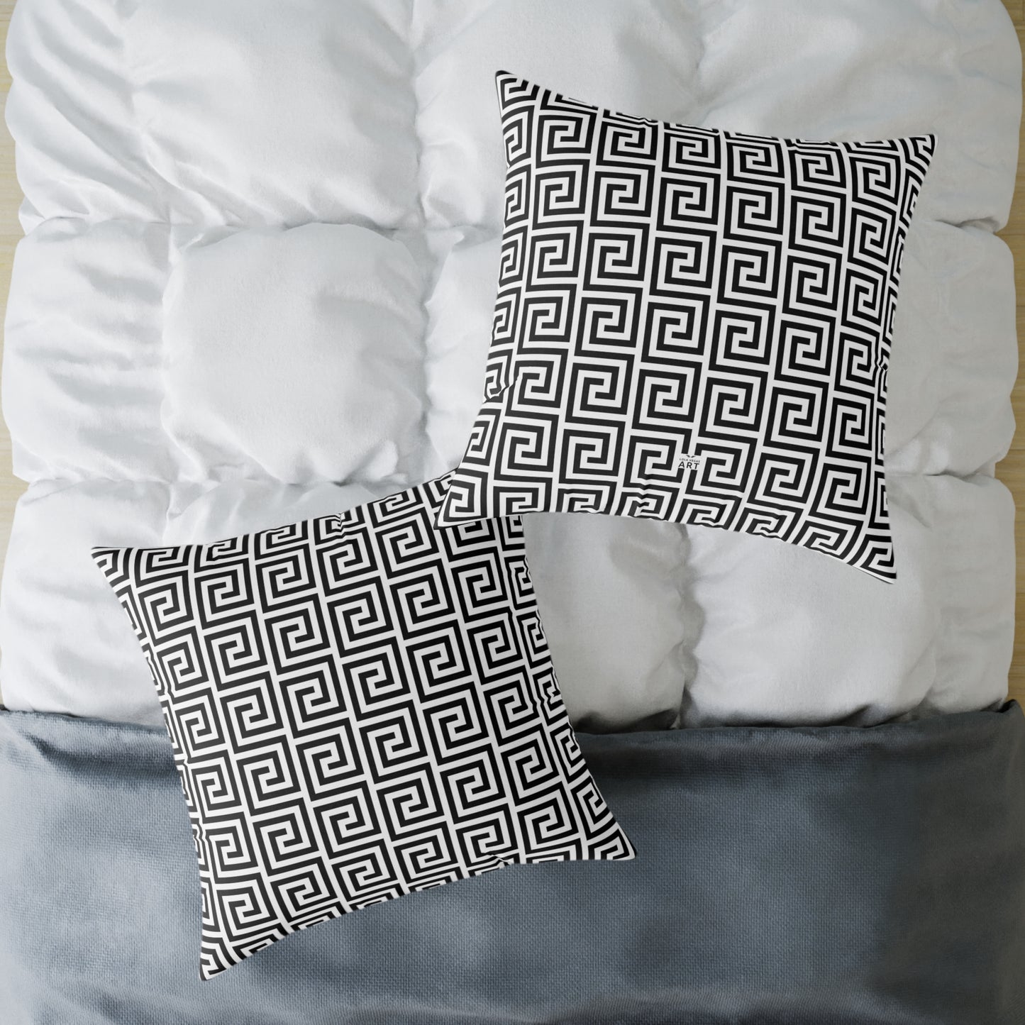 Greek Key Pattern Square Poly Canvas Pillow | Black White Geometric Throw Pillow