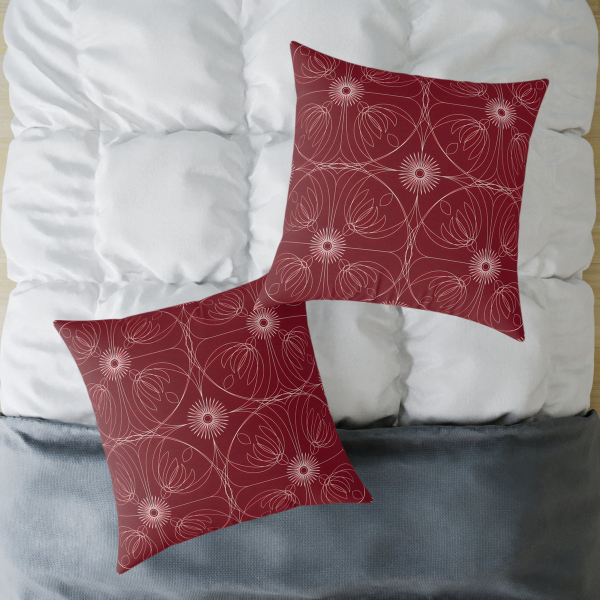 Red Floral Geometric Pattern Pillow | Square Throw Pillow