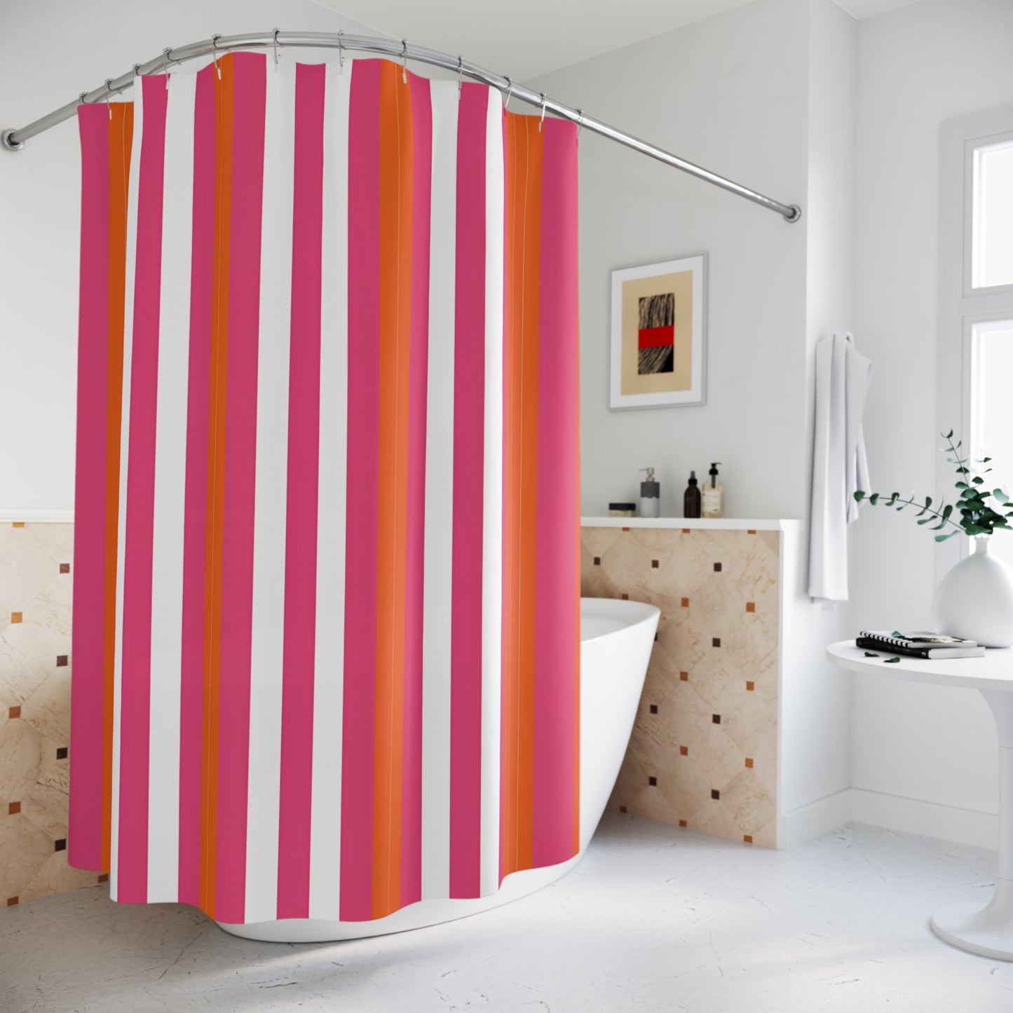 Bold Pink Orange Striped Shower Curtain | Vertical Stripe Bath Curtain