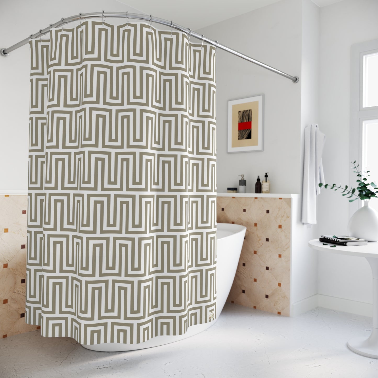 Geometric Greek Key Pattern Shower Curtain | Neutral Taupe Maze Design Classy Bathroom Accessory