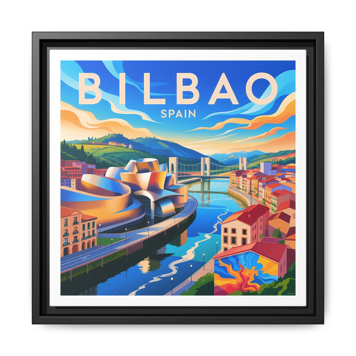 Bilbao Spain travel art Matte Canvas Framed | Bilbao cityscape wall art