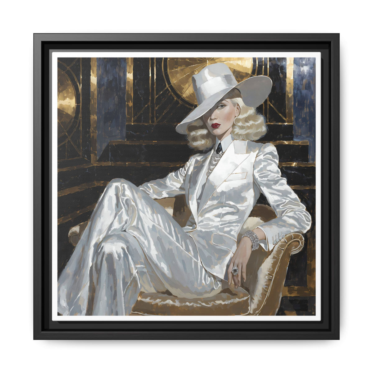 Woman in White Suit Art Print Matte Canvas, Framed | Glamorous Fashion Portrait