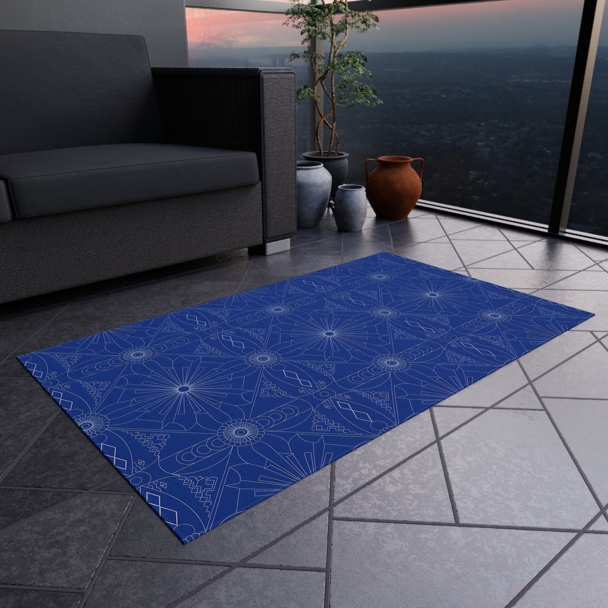 Cobalt Geometric Starburst Outdoor Rug | Patterned Patio Mat