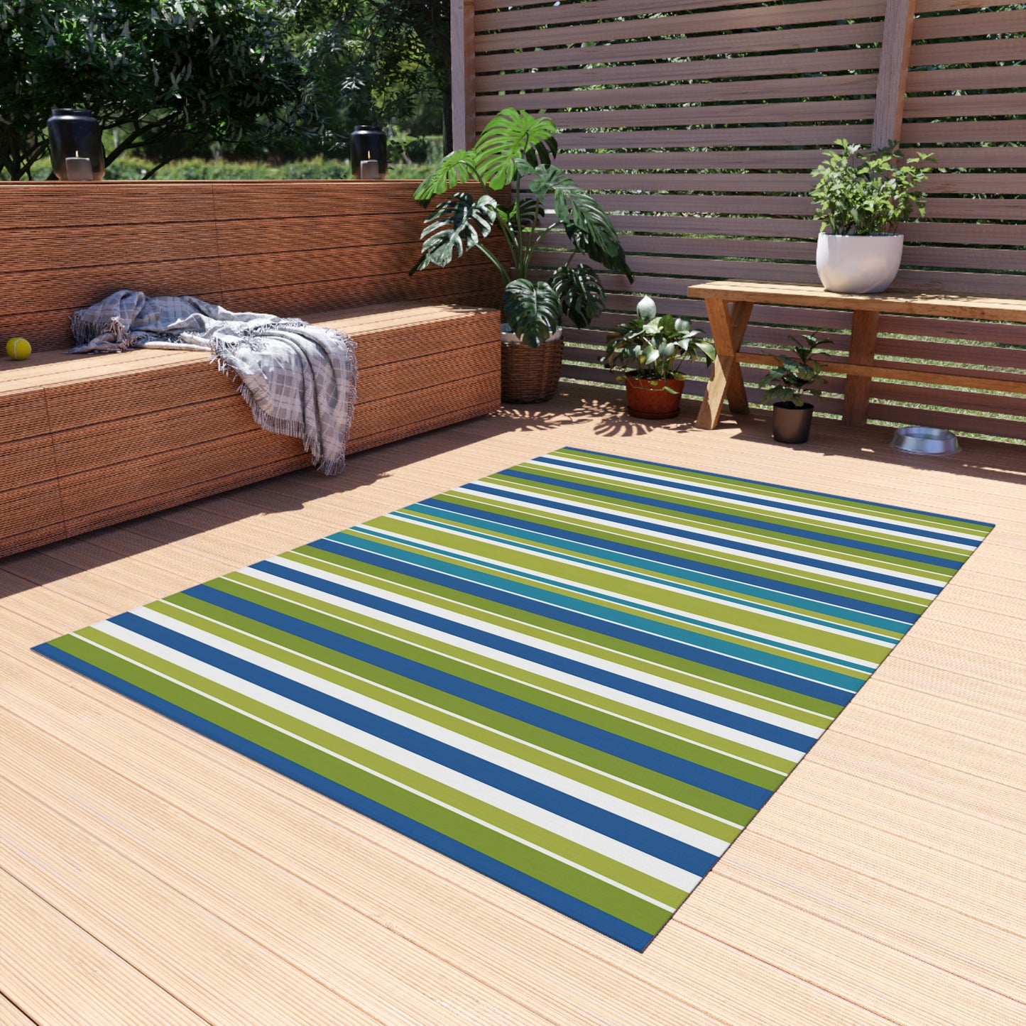 Blue Green White Stripe Outdoor/Indoor Rug | Patio Mat, Weather-Resistant