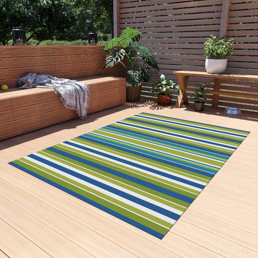 Blue Green White Stripe Outdoor/Indoor Rug | Patio Mat, Weather-Resistant