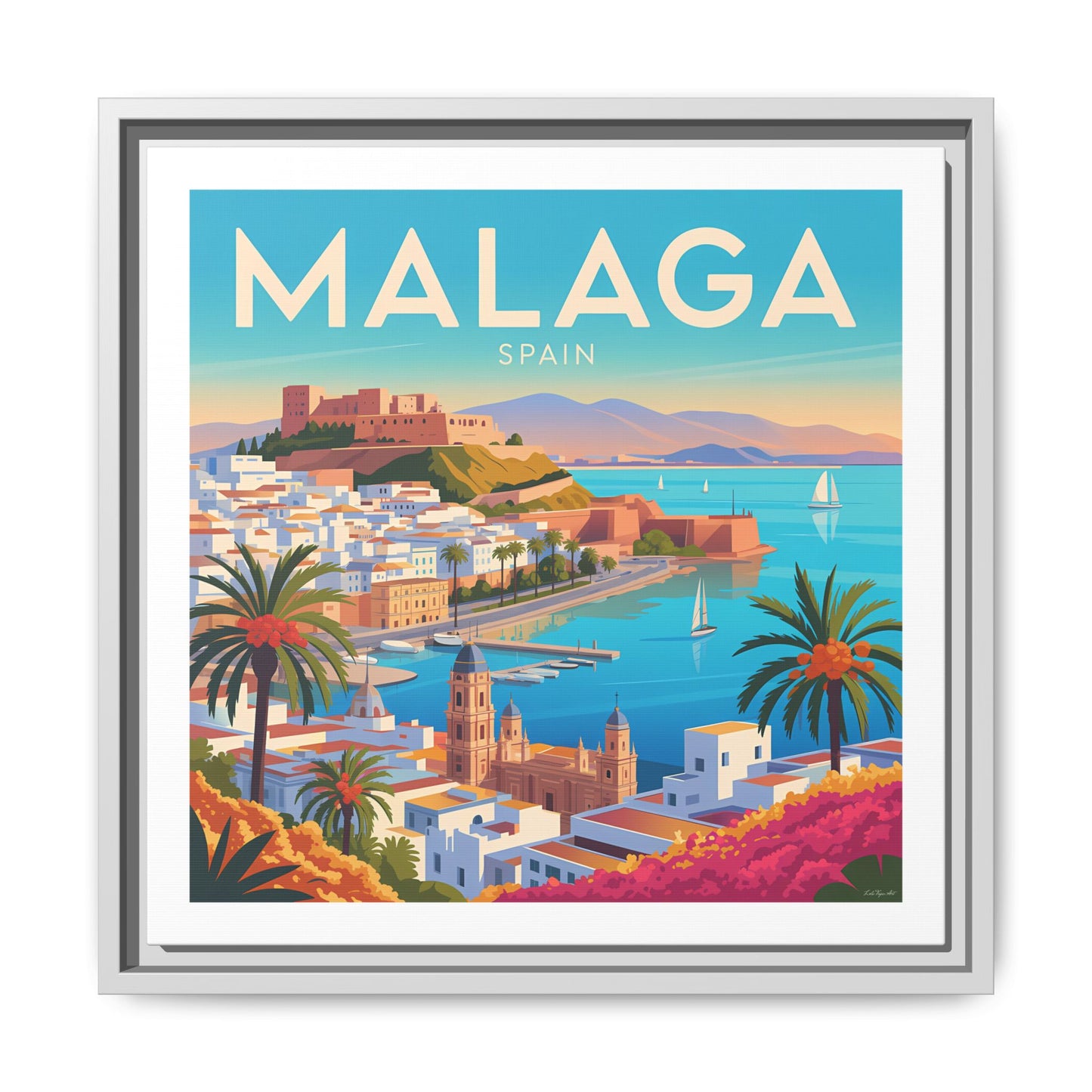 Malaga Spain Coastal  Matte Canvas Framed Wall Art| Vintage Style Travel Art