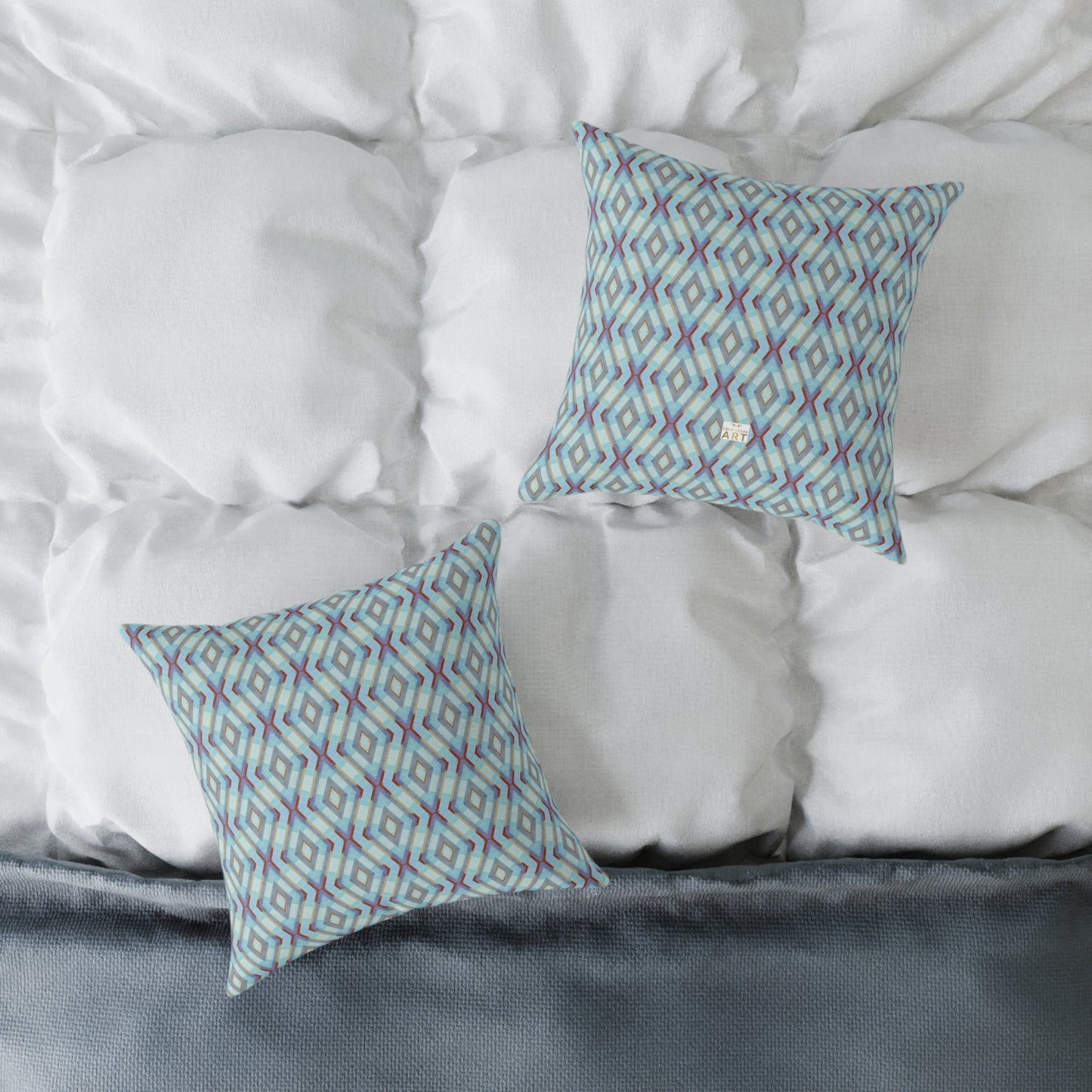 Geometric Diamond Pattern Square Pillow | Turquoise Blue Purple Dark Red Ikat Throw Pillow