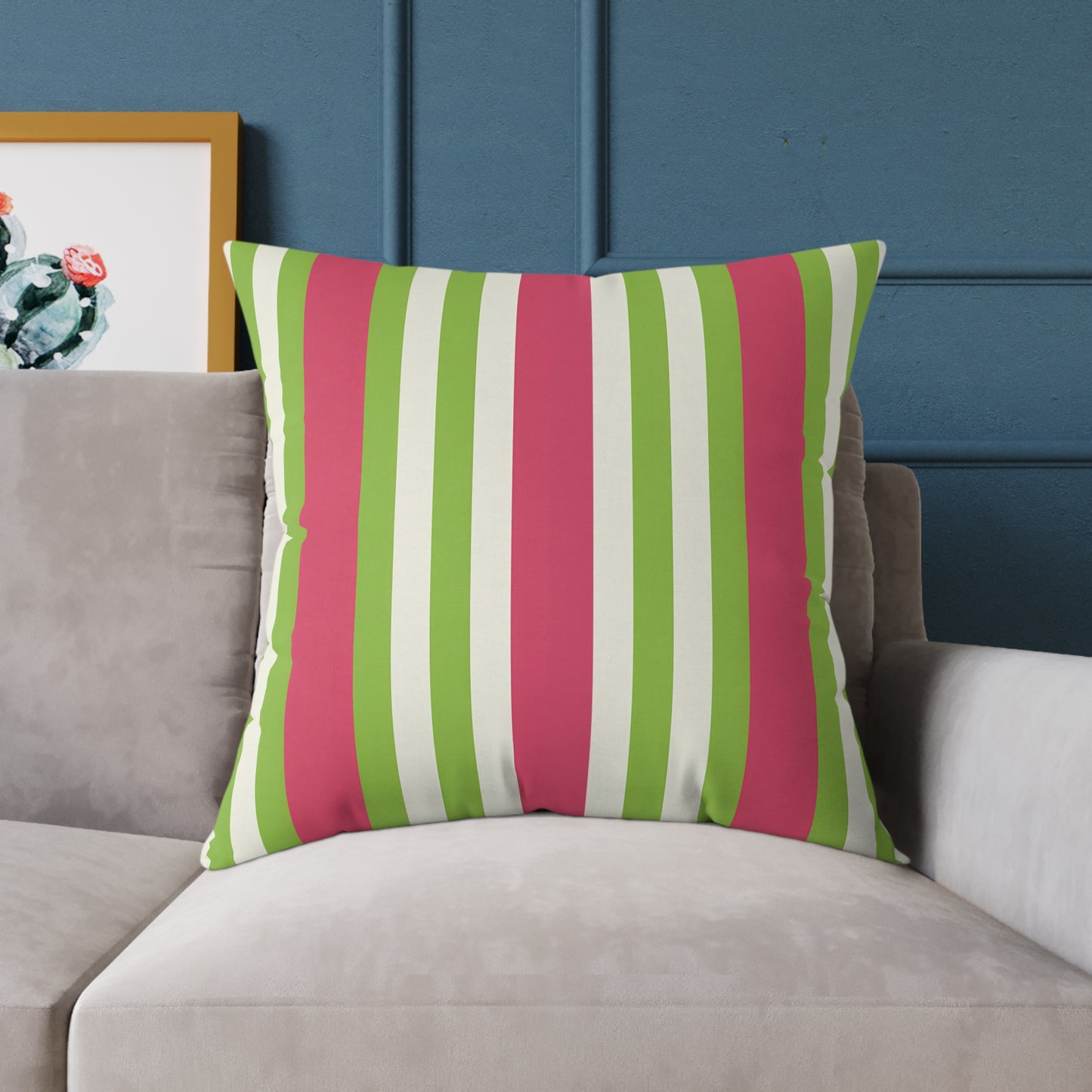 Watermelon Pink Green Vertical Stripe Pillow | Square Poly Canvas Pillow