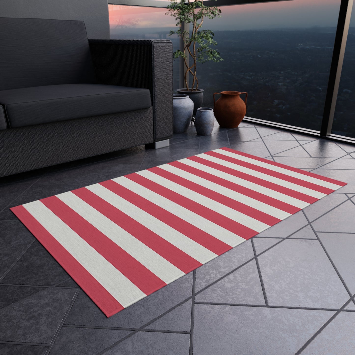 Red-Pink and White Vertical Stripe Outdoor/Indoor Rug | Patio Mat, Coastal Deck Accent