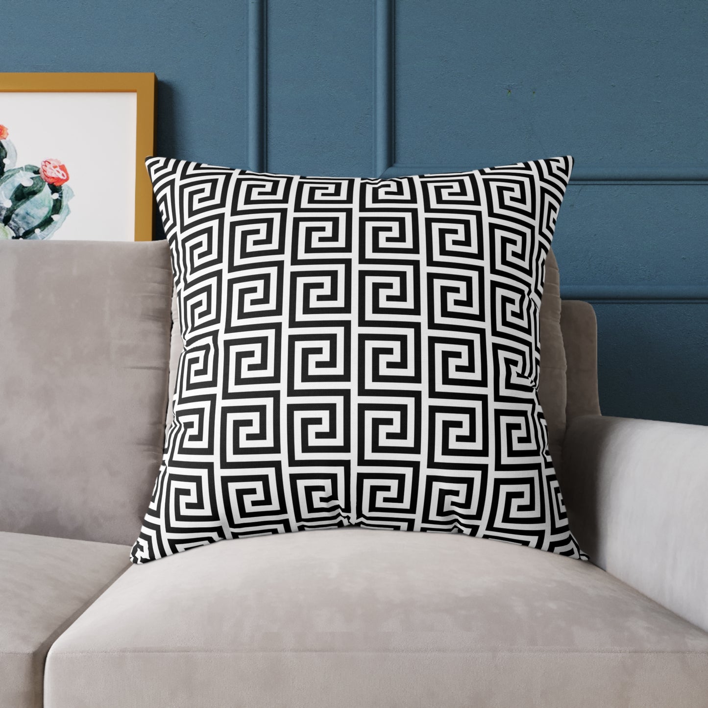 Greek Key Pattern Square Poly Canvas Pillow | Black White Geometric Throw Pillow