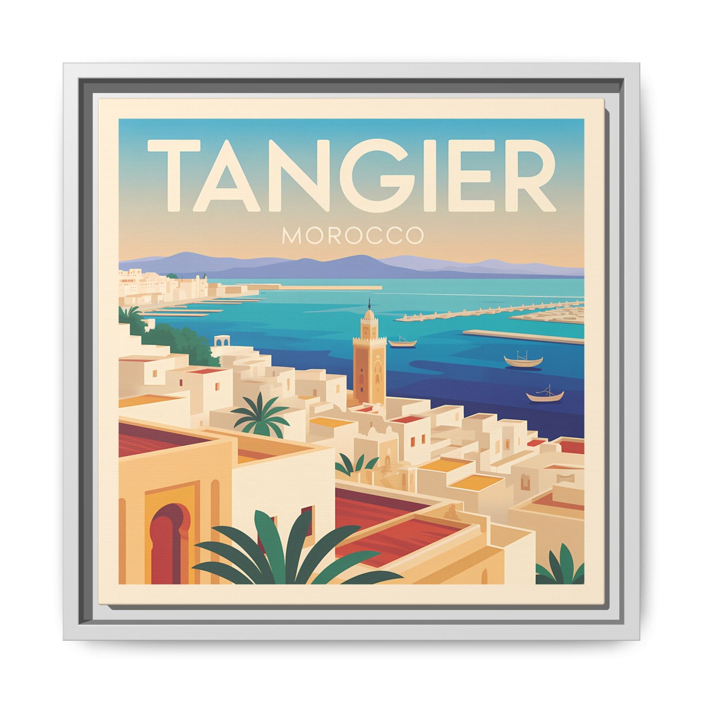 Tangier Morocco Travel Framed Wall Art Matte Canvas | Vintage Style Coastal Wall Art