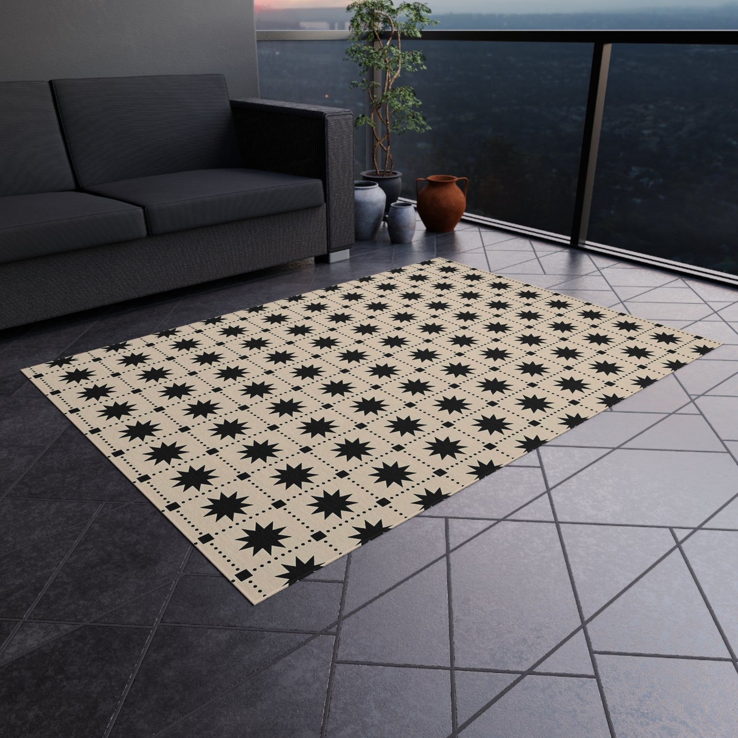 Black Star Tile Outdoor/Indoor Rug | Geometric Patio Mat, Weatherproof Accent Rug
