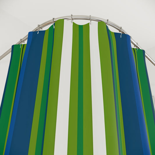 Green Blue Vertical Stripe Shower Curtain | Coastal Bathroom Decor