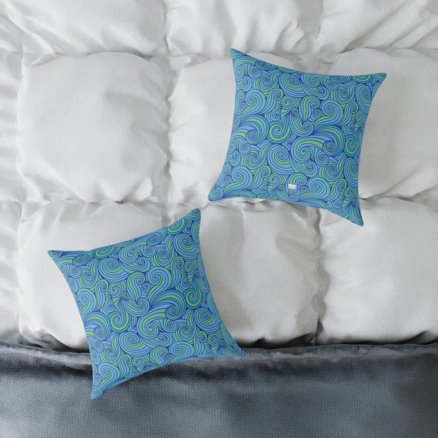 Blue Green Swirl Pattern Pillow | Square Poly Canvas Pillow