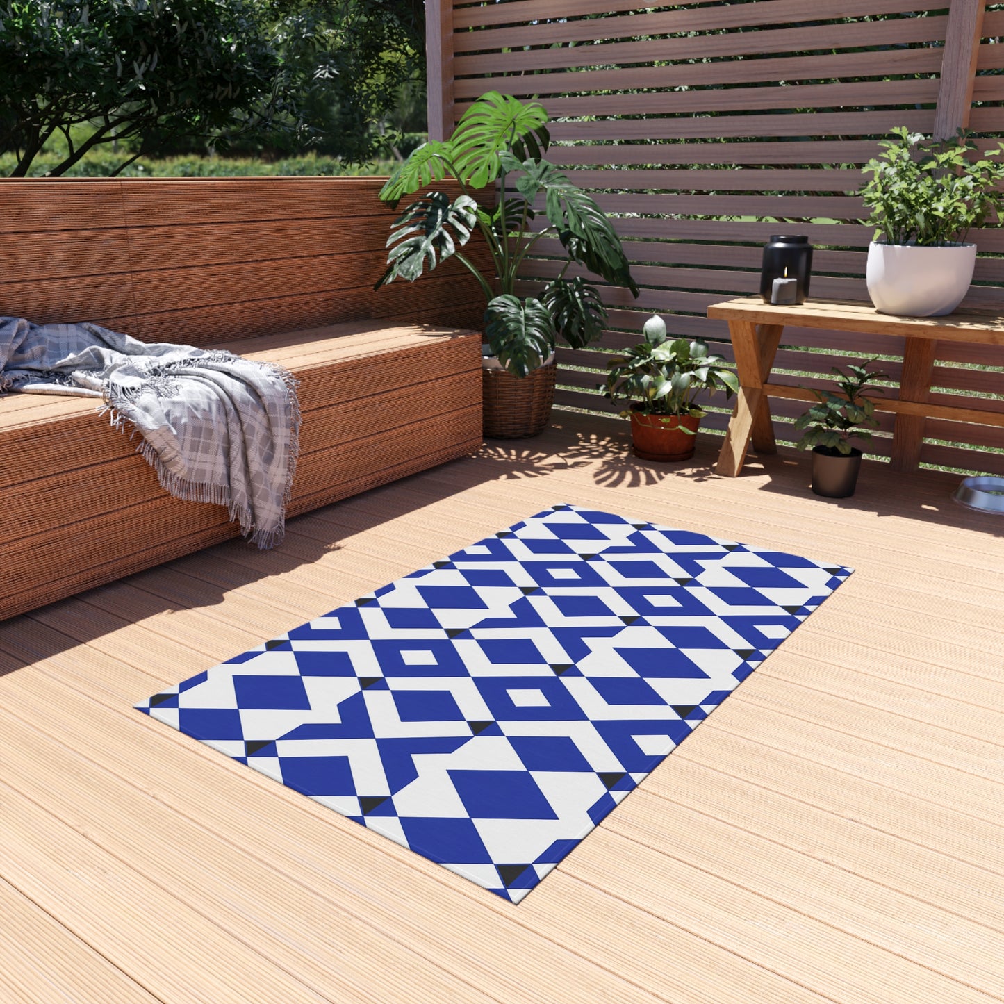 Blue Geometric Diamond Pattern Outdoor/Indoor Rug | Patio Mat, Modern Navy Black White Design