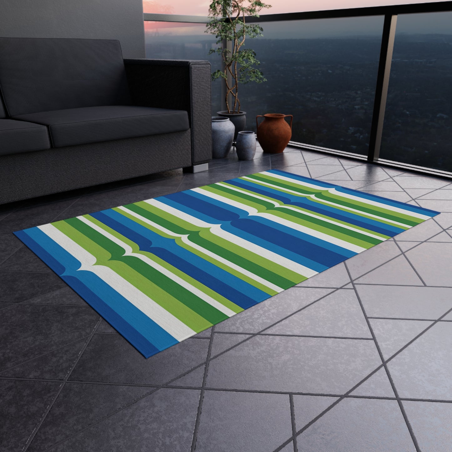 Blue Green Striped Pattern Outdoor/Indoor Rug | Patio Deck Mat