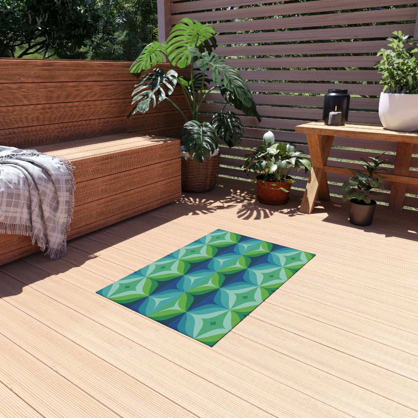 Geometric Leaf Pattern Outdoor/Indoor Rug | Blue Green Patio Mat
