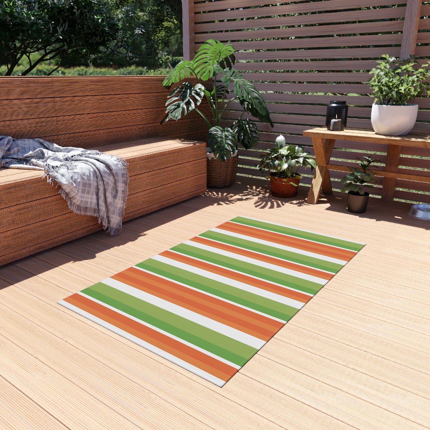 Green Orange White Stripe Outdoor/Indoor Rug | Patio Mat, Weather-Resistant