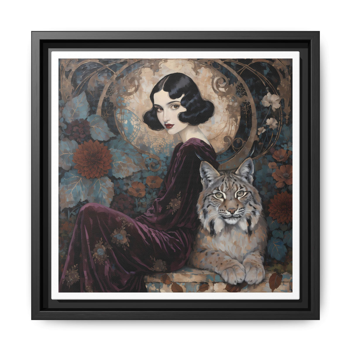 Vintage Flapper Woman with Lynx Matte Canvas Framed