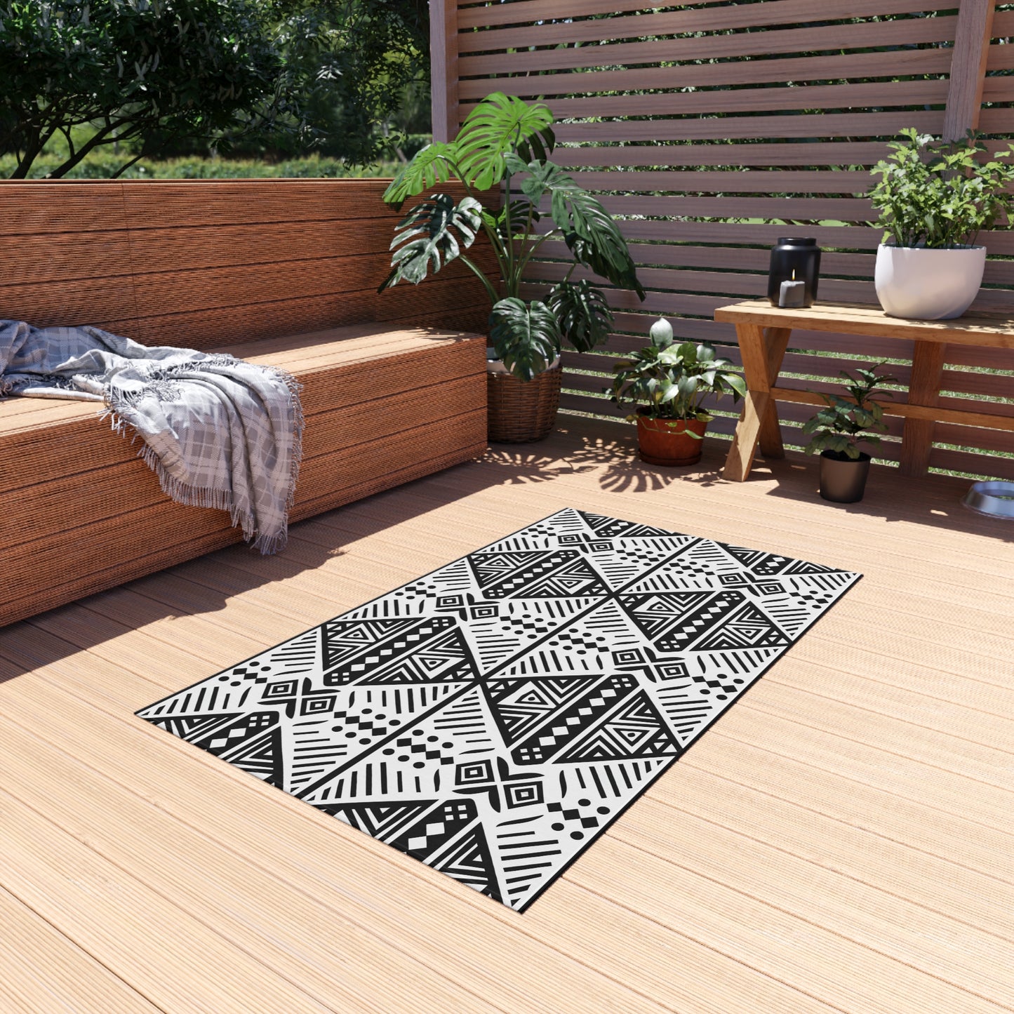 Black and White Tribal Stylish Outdoor Rug, Chic Patio Mat, Boho Floor Decor, Modern Entryway Carpet, Weather-Resistant Area Rug