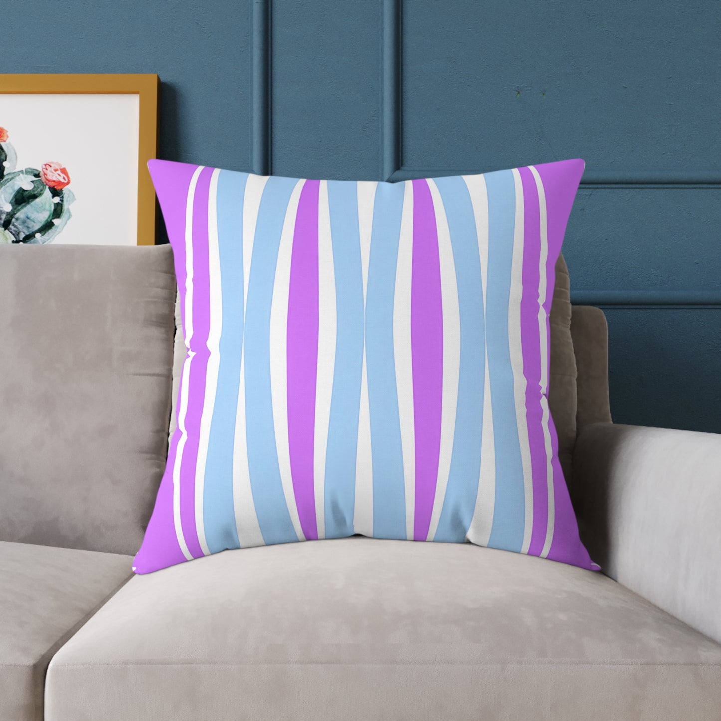 Pastel Wave Stripe Square Pillow | Blue Magenta Mid-Century Modern