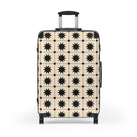 Black Creme Star Grid suitcase | Patterned Carry-On Luggage