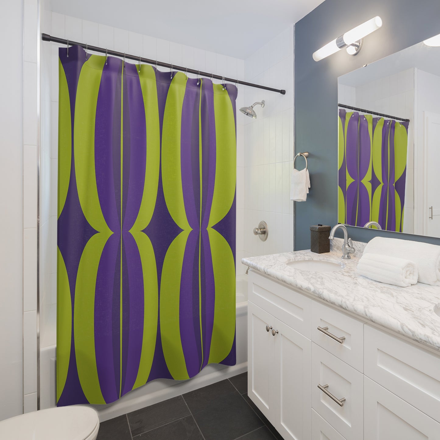 Retro Geometric Oval Pattern Shower Curtain | Purple Lime Mid Century Modern