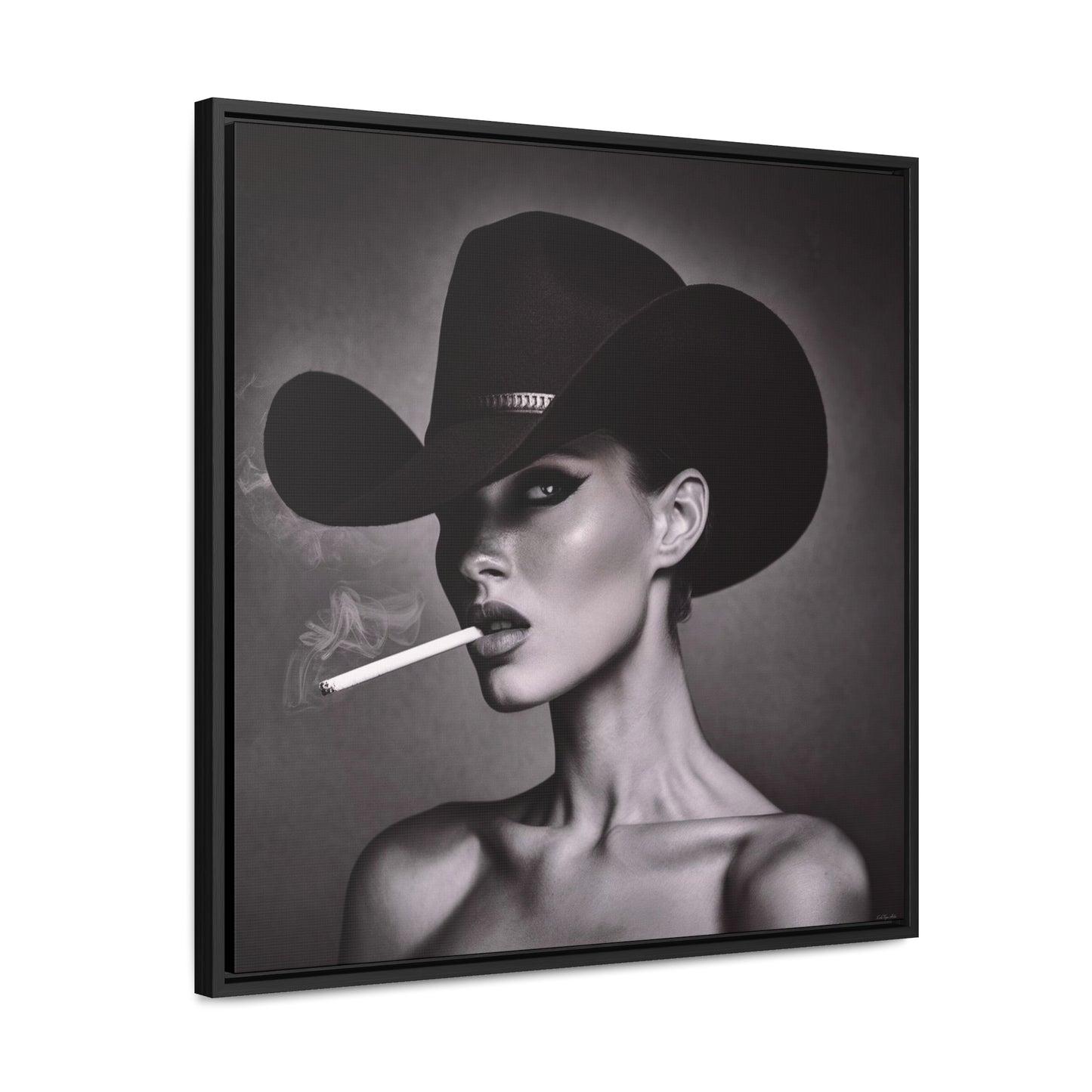 Square Frame Canvas Wall Art, Fashionista Home Decor, Black and White Fine Art Photography, Gorgeous Woman with Freckles, Cowboy Hat,