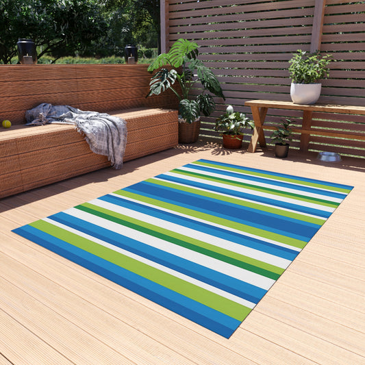 Blue Green Striped Outdoor/Indoor Rug | Patio Mat