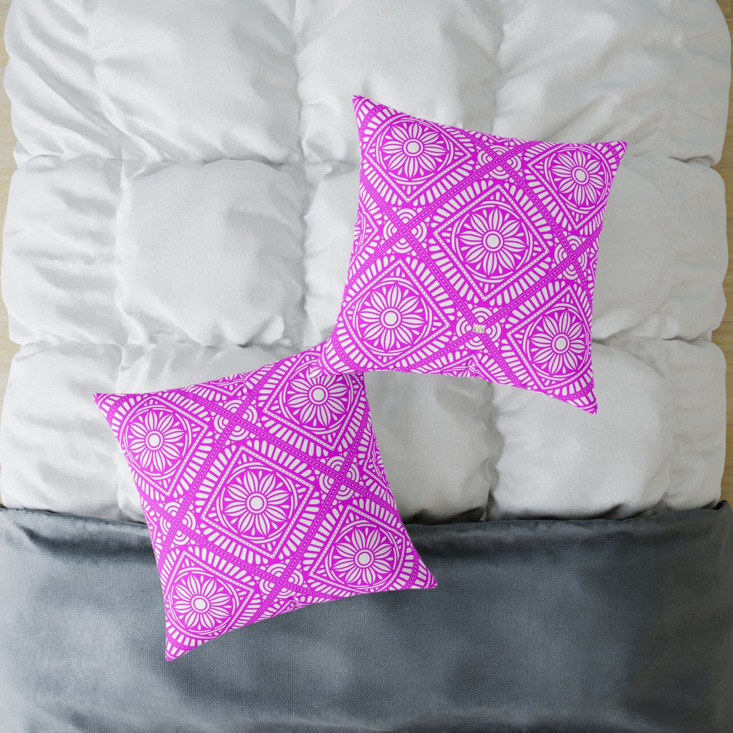 Pink and White Geometric Floral Tile Pillow | Square Poly Canvas Pillow