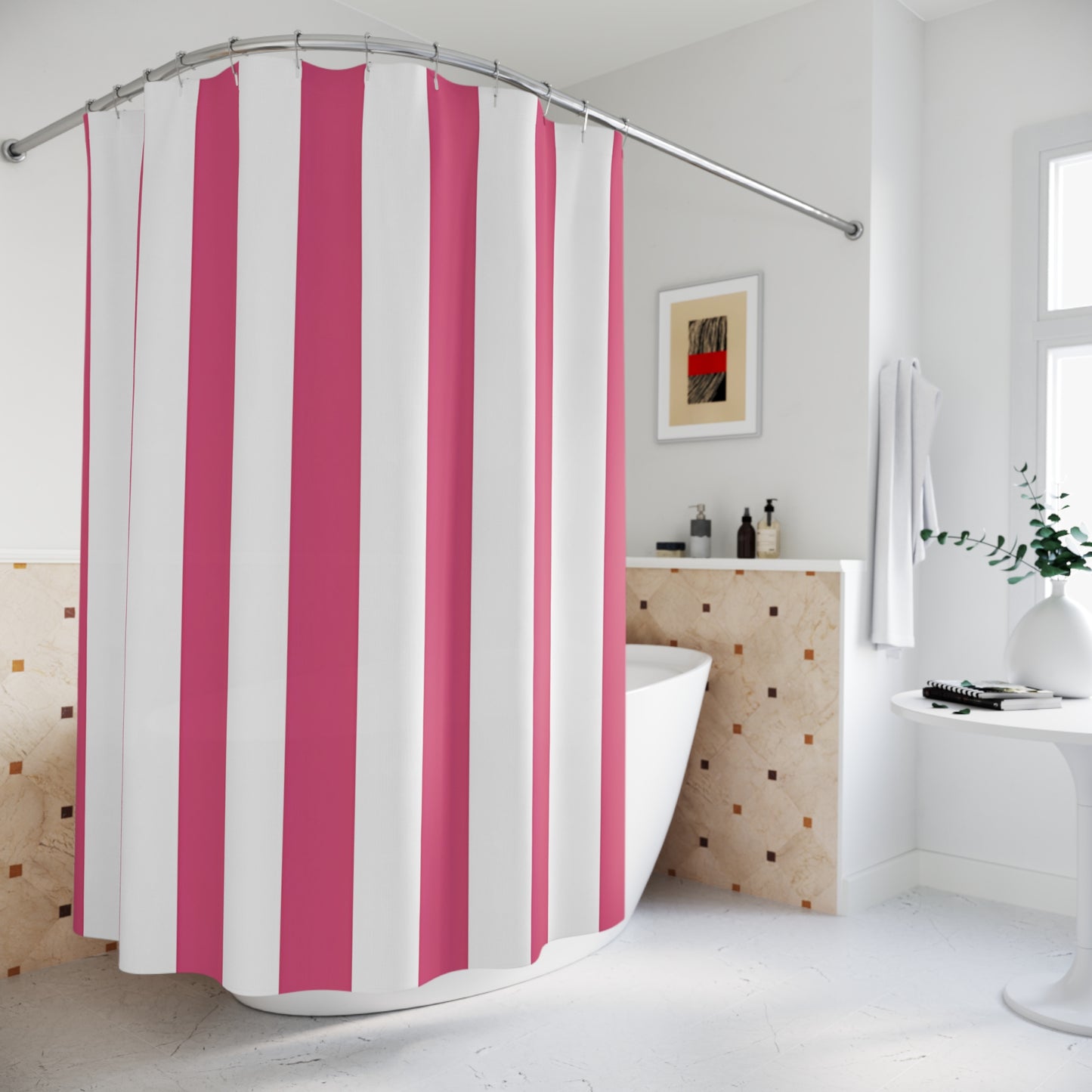 Pink and White Vertical Stripe Shower Curtain | Bathroom Stripe Decor