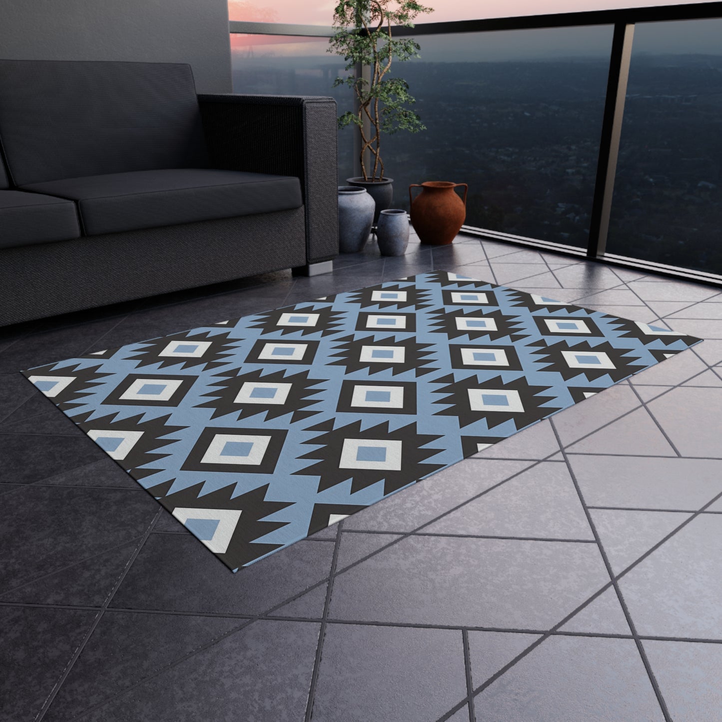 Southwestern Diamond Pattern Outdoor/Indoor Rug | Blue Black Geometric Patio Mat