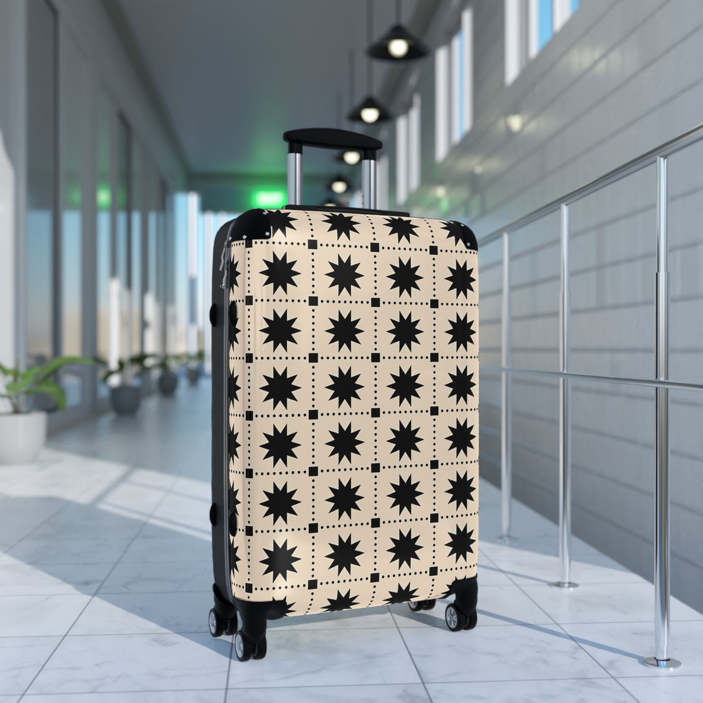 Black Creme Star Grid suitcase | Patterned Carry-On Luggage