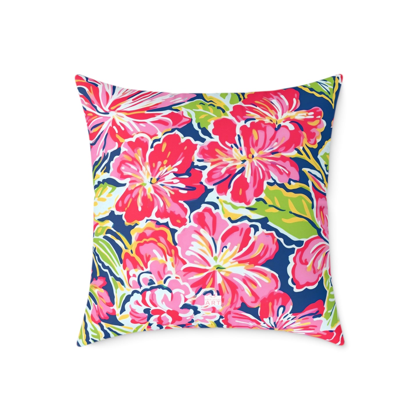 Pink Red Green Blue Tropical Hibiscus Floral Pillow | Square Poly Canvas Pillow