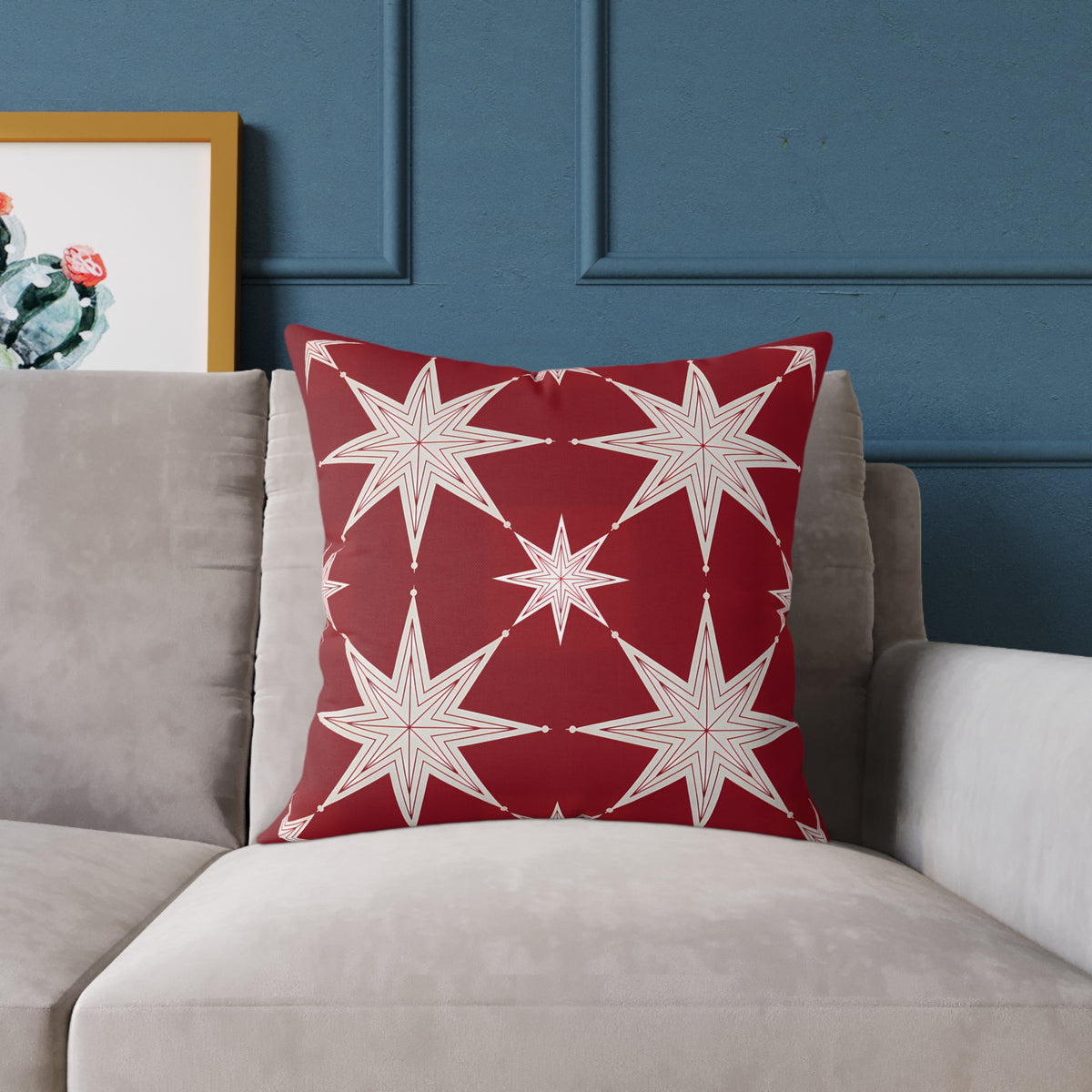 Ivory Starburst Pattern Square Pillow | Red Holiday Throw Cushion